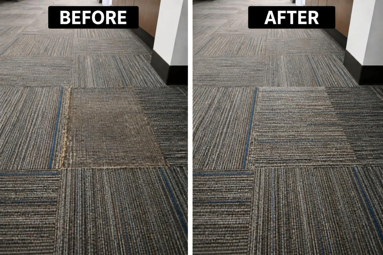 Before/after photo: one damaged tile replaced in an installed floor] 