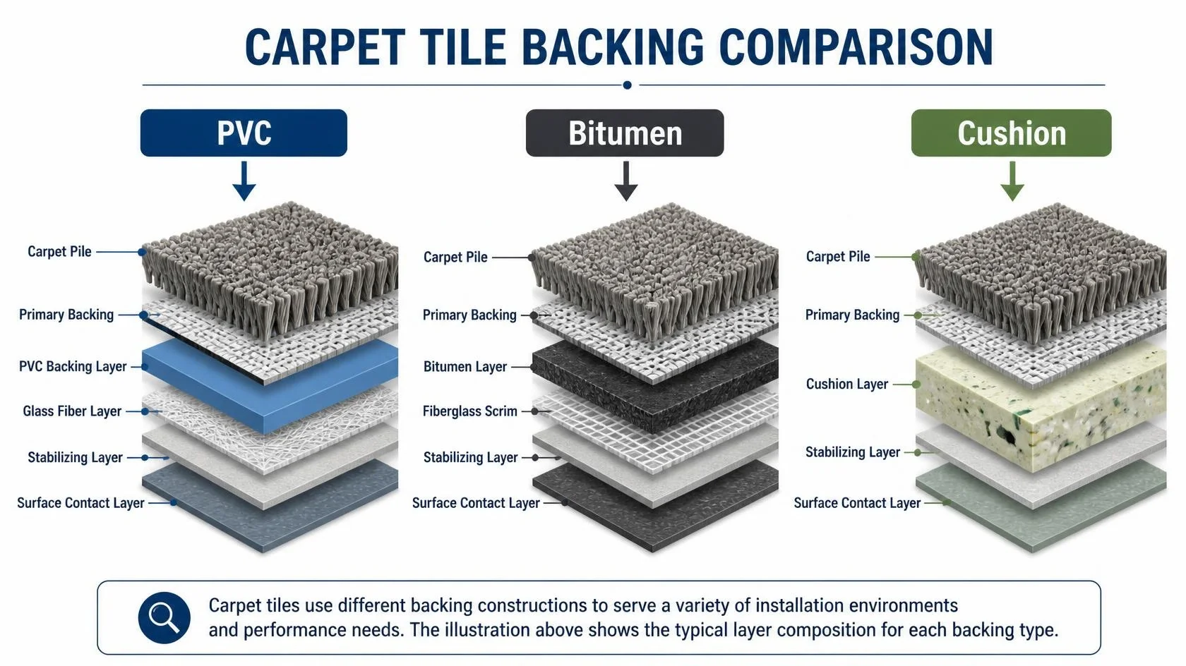 arpet tile backing cross-section, PVC vs bitumen vs cushion