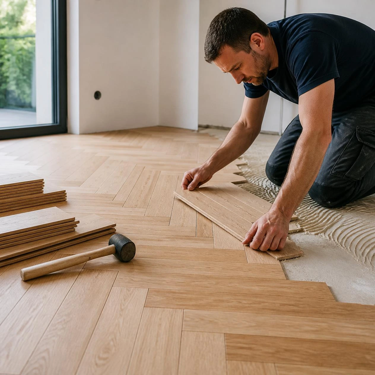 Herringbone plank floor laid in a living area
